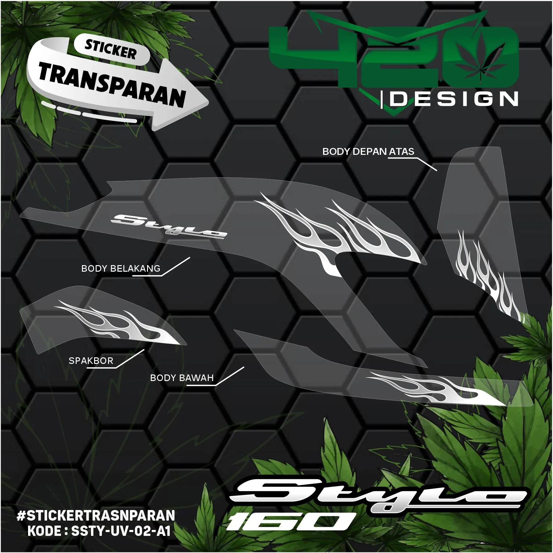 STIKER STRIPING STYLO 160 MOTIF FIRE TRANSPARAN UV API BENING - SSTY-UV