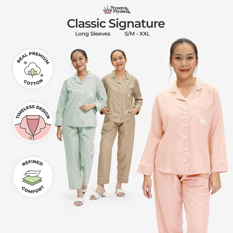 [BEST SELLER] Nyonya Piyama Katun Set Piyama Lengan Panjang (Classic Signature) Baju Celana Nyaman  Setelan Dewasa Tidur Wanita Kombinasi  Pendek Atasan Polos Katun 0