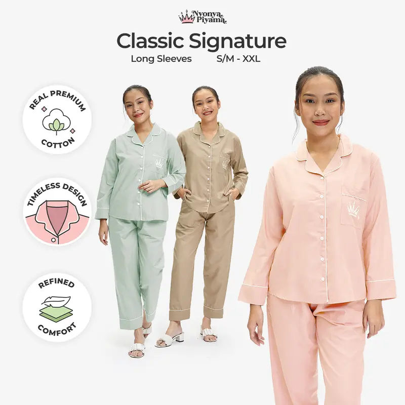 [BEST SELLER] Nyonya Piyama Katun Set Piyama Lengan Panjang (Classic Signature) Baju Celana Nyaman  Setelan Dewasa Tidur Wanita Kombinasi  Pendek Atasan Polos Katun 0