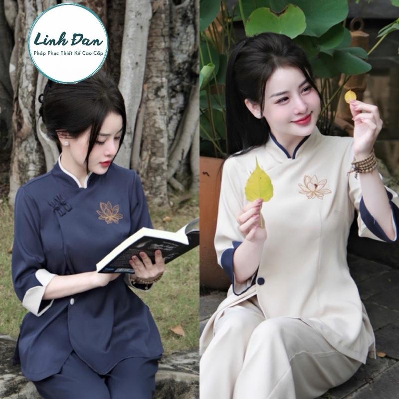 LINH ĐAN Bộ quần áo đi chùa truyền thống thêu Sen cổ tầu chất liệu đũi xước cao cấp Nữ