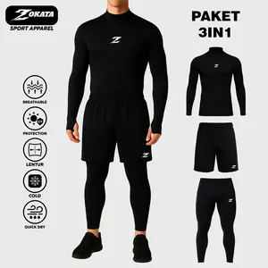 ZOKATA Paket 3IN1 Setelan Olahraga Pria Baselayer Manset Thumbhole Legging Dan Celana Pendek Dryfit Bahan Spandex Hyget Futsal Sport