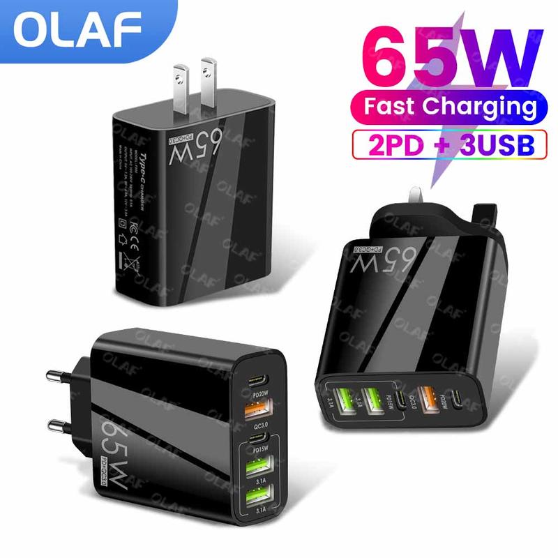 65W USB C Fast Charger 3 USB 2 Type C PD Fast Charging Charger Adapter ...