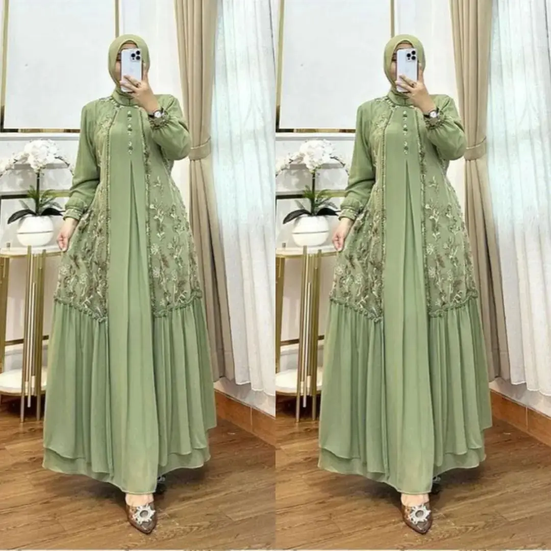 Terbaru Aluna dan tamara Dress Gamis Brokat Wanita Bahan Ceruty Baby Doll Mix Brukat mutiara - Size  S,M,L,XL,XXL Muslim Pesta Kondangan Maxi gamis brokat jumbo premium