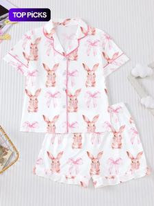Conjunto de cárdigan con cuello con lazo y tarjeta del Conejo de Pascua, camisa de manga corta con estampado bonito en todo el diseño y shorts con cintura elástica, ropa cómoda para niños