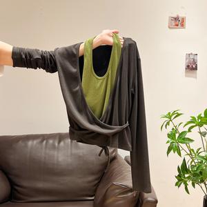 Mock Two-Piece Halter Neck Spliced Tie Design Slim Fit Long Sleeve T-Shirt for Women, Fall New Arrival Fashion Top 3777# Womenswear Basic Casual Minimalist