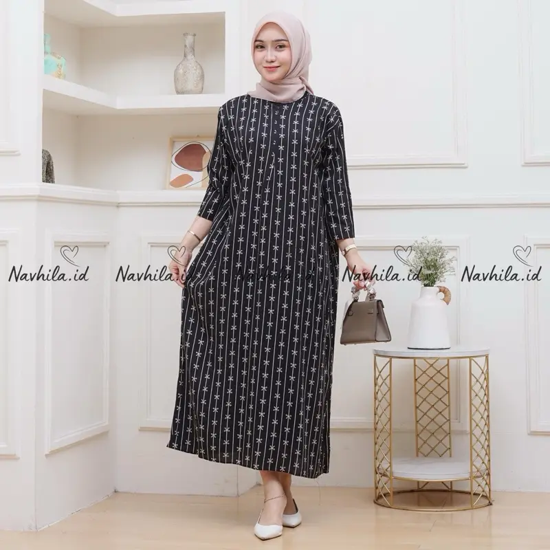 Navhila - Daster Motif Kekinian Tangan 3/4 Katun Rayon Gamis Nyaman Panjang Wanita Bumil Zipper Busui Basic Daily Santai 4
