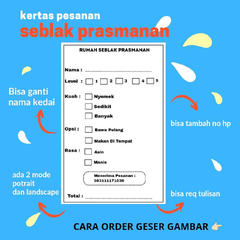 (100PCS) kertas pesan seblak prasmanan / kertas order seblak / kertas ...