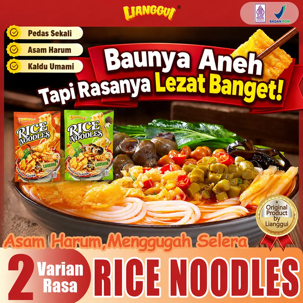 [HALAL] LIANGGUI RICE NOODLES sudah bersertifikat BPOM. (Rasa Original / Jamur) Mie beras dengan rasa pedas asam gurih, kuah kental dan bumbu lengkap. Makanan khas Tiongkok, cocok untuk mengenyangkan lapar di malam hari, praktis dan siap saji.
