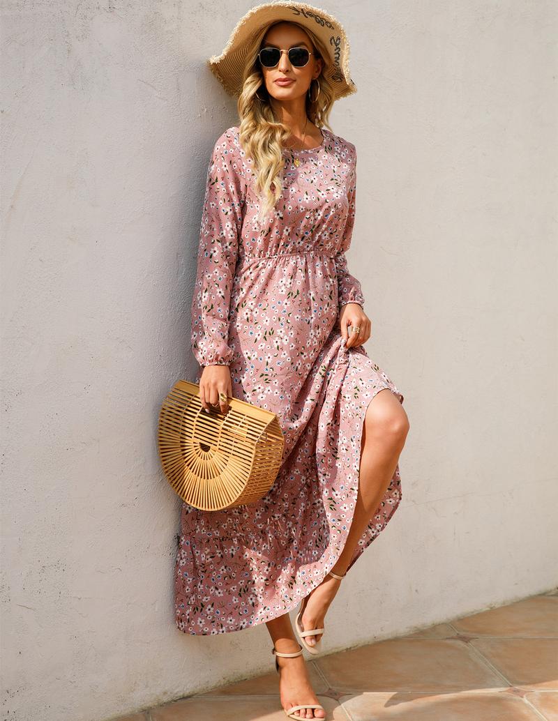 Product Introduction of Cross-Border Foreign Trade Spring and Autumn Floral Chiffon Dress Waist-Controlled Slimming Long Sleeve round-Neck Long Printed Dress Women's 2