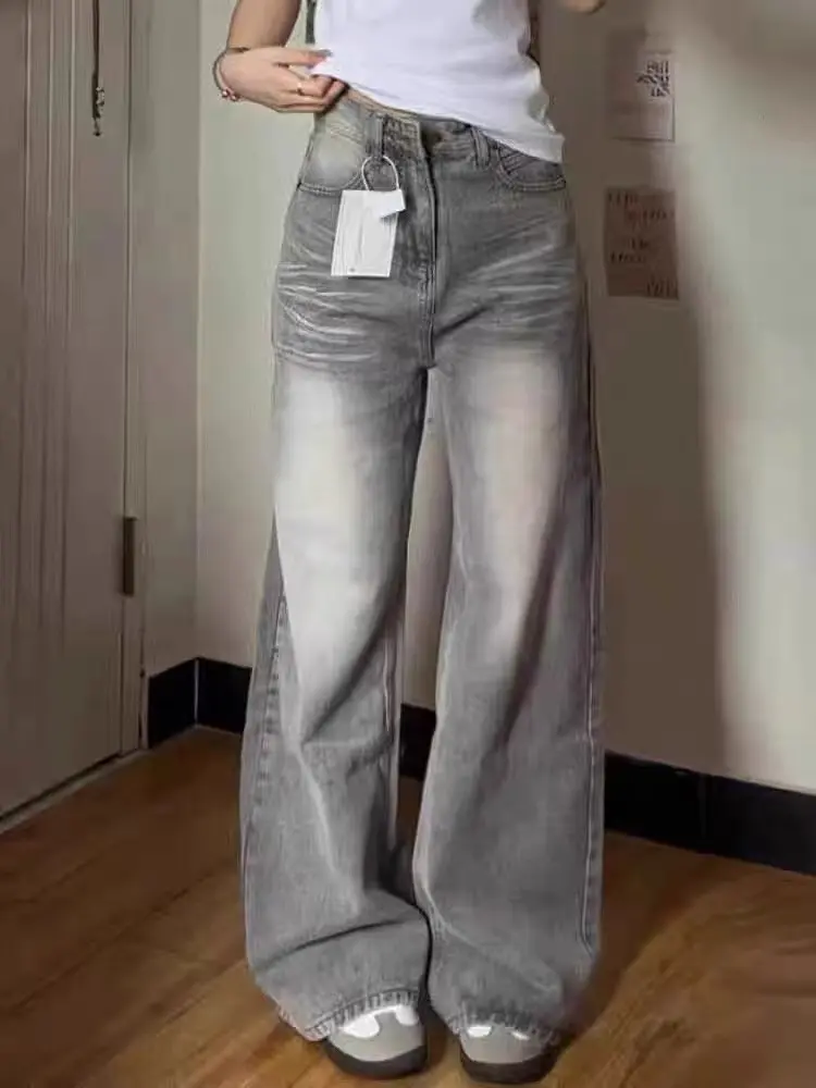 Grey American Retro Wide Leg Jeans for Women, Fall 2024 New Style Ripple Drop Loose Straight Leg Floor Pants