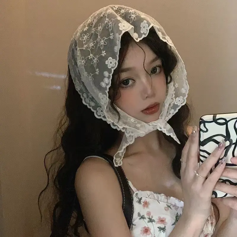 Syal segitiga super mudah! Renda Prancis Putih Turban Musim Semi Pemotretan Internet Internet Celebrity Lace Hair Tie