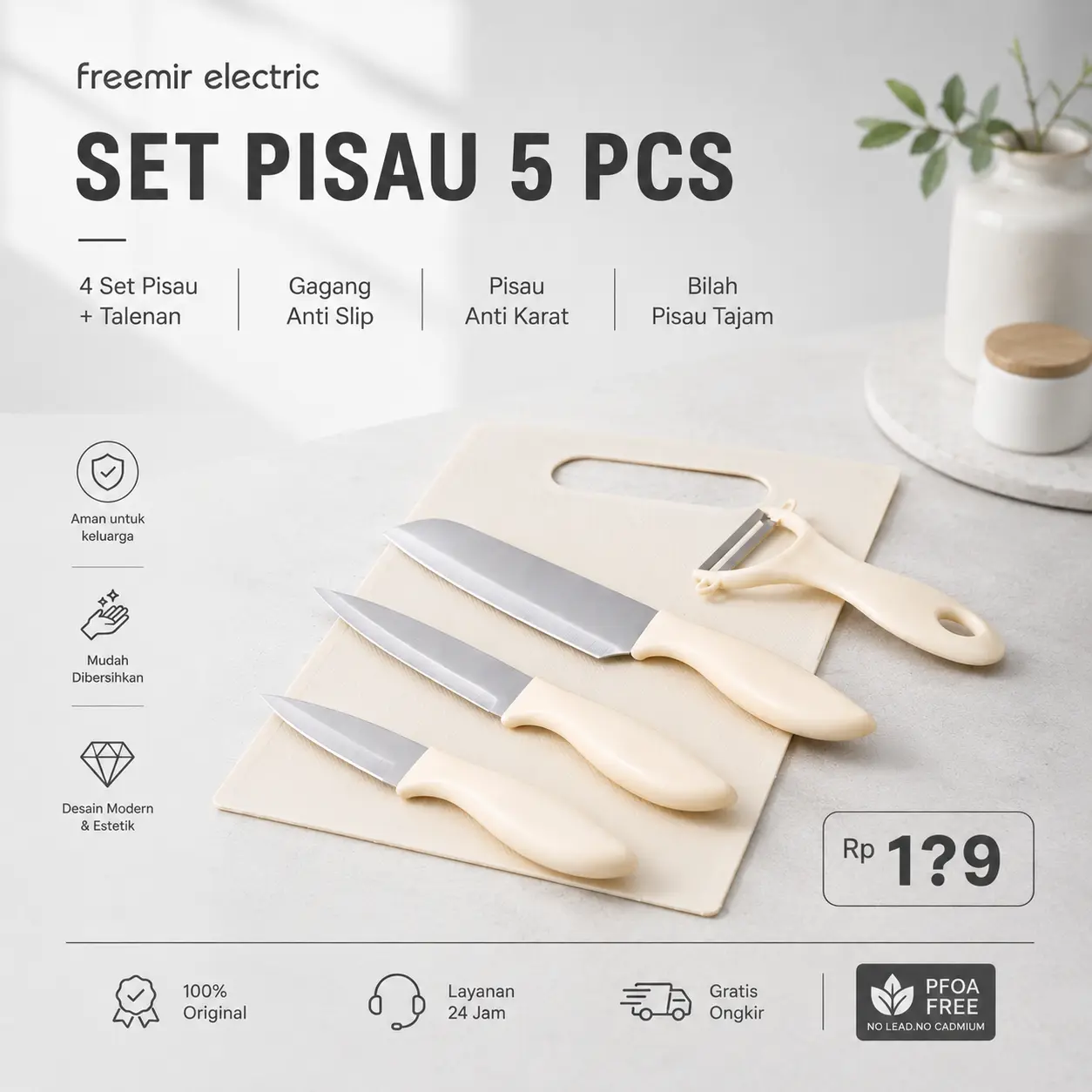 freemir 5 Pcs Set Pisau Dapur 5-in-1 Pengupas Buah dan Talenan Super Tajam Anti Lengket Stainless Steel Anti Karat Kitchenware