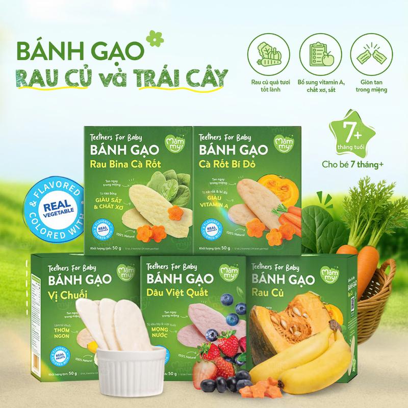 STB Hộp Bánh Gạo Dẹt Rau Củ Và Trái Cây MĂMMY Vị Rau Bina Việt Quất Cà Rốt Bí Đỏ Chuối Rau Củ Cho Bé Ăn Dặm Từ 7 Tháng Tuổi Hộp 50gr