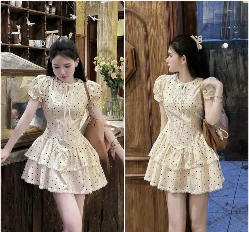  Váy đầm nữ mango chấm bi tay búp cổ tròn cột nơ fom dáng ngắn bèo tầng viền ren xinh xắn trẻ trung  có lót quần  