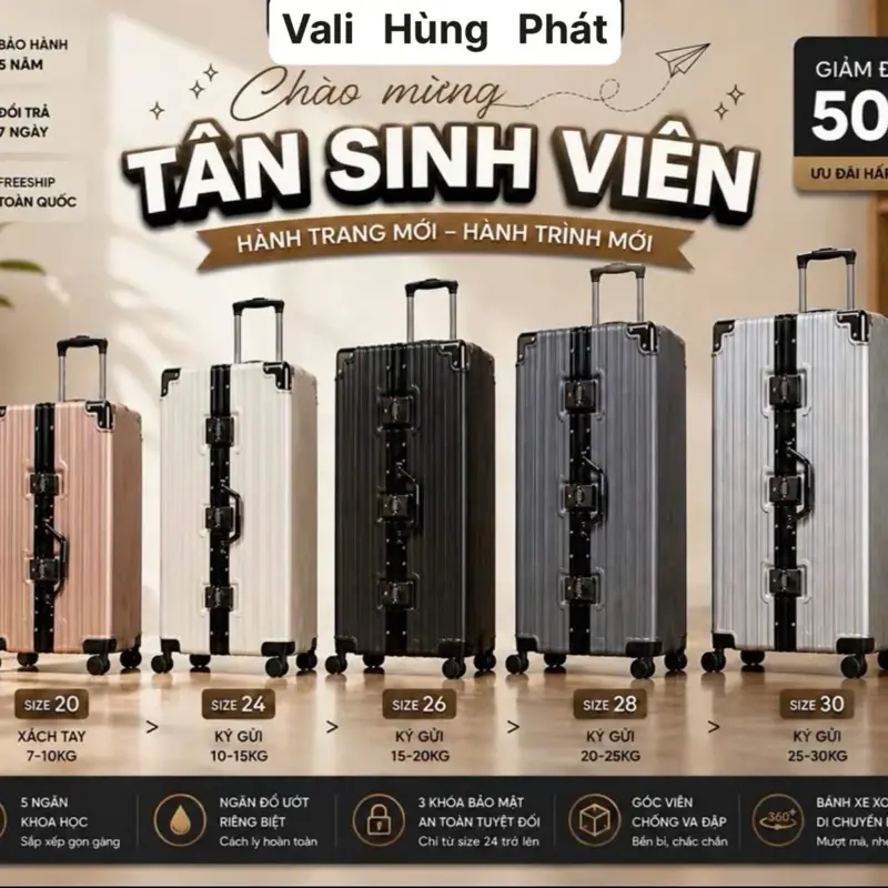 Vali Hùng Phát -Vali khung nhôm khóa sập bảo hành 5 năm(tặng túi đựng giày)