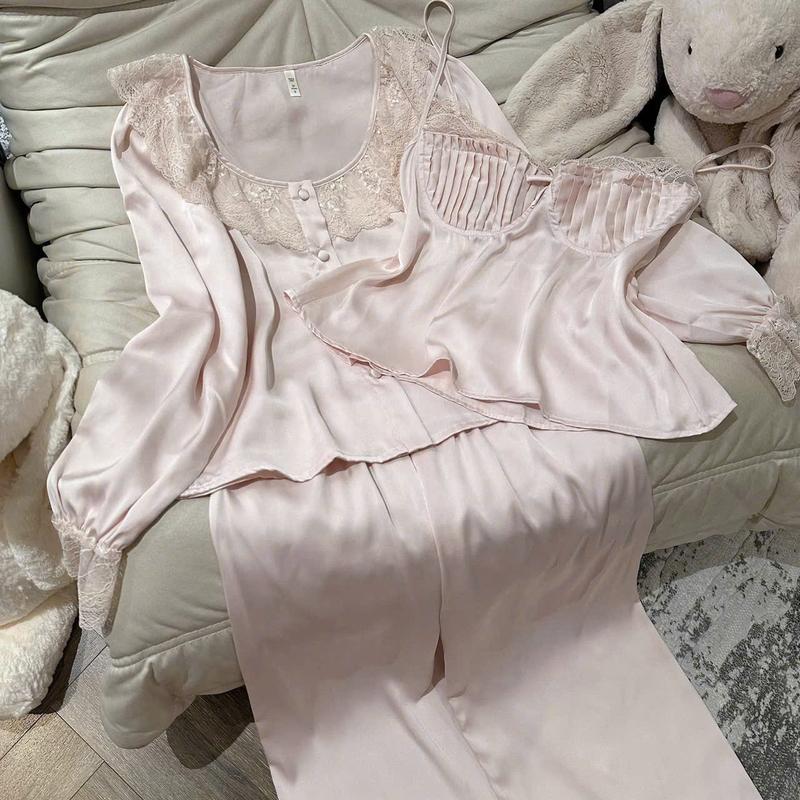 N291- Pijama Sét đồ ngủ 3 món lụa tiểu thư  áo dây xếp ly cho nữ- Bộ ngủ mặc nhà hàng quảng châu cao cấp cho nữ (women)
