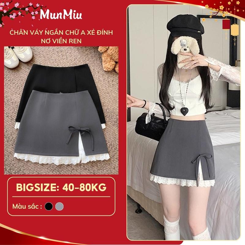  Chân váy nữ MunMiu váy ngắn chữ A xẻ đính nơ viền ren trắng xinh xắn tiểu thư phong cách Hàn Quốc 5901 