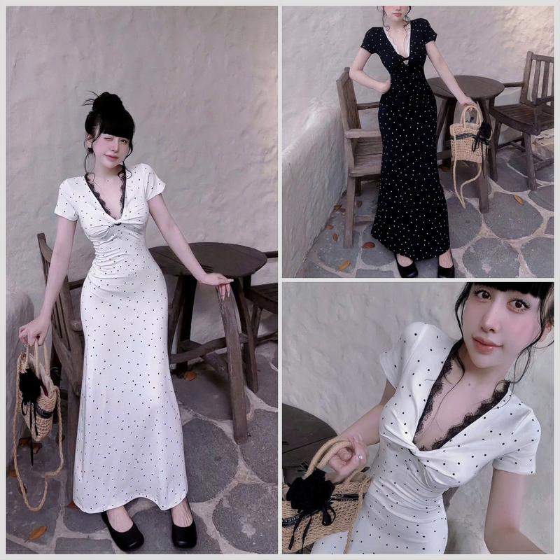 Đầm Body Thun Gân Tăm Chấm Bi Dáng Dài Đuôi Cá Cổ Tim Phối Viền Ren Xoắn Ngực Tay Ngắn Dễ Thương Xinh Xắn Đầm Đi Tiệc Đi Chơi Dạo Phố