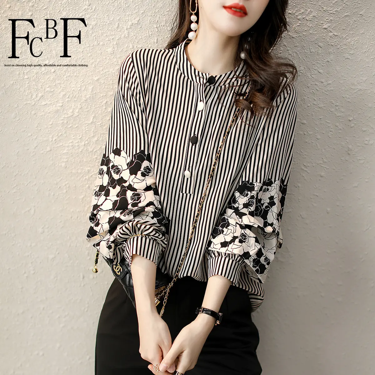 Áo Sơ Mi Công Sở Chuyên Nghiệp, FCBF, Dài Tay, Dáng Ôm, Thiết Kế Sọc Cổ Điển Sành Điệu, Ghép Nối, Thích Hợp Cho Mùa Thu, Hàng Mới Về, 2025 Nữ Top Voi Kem Women