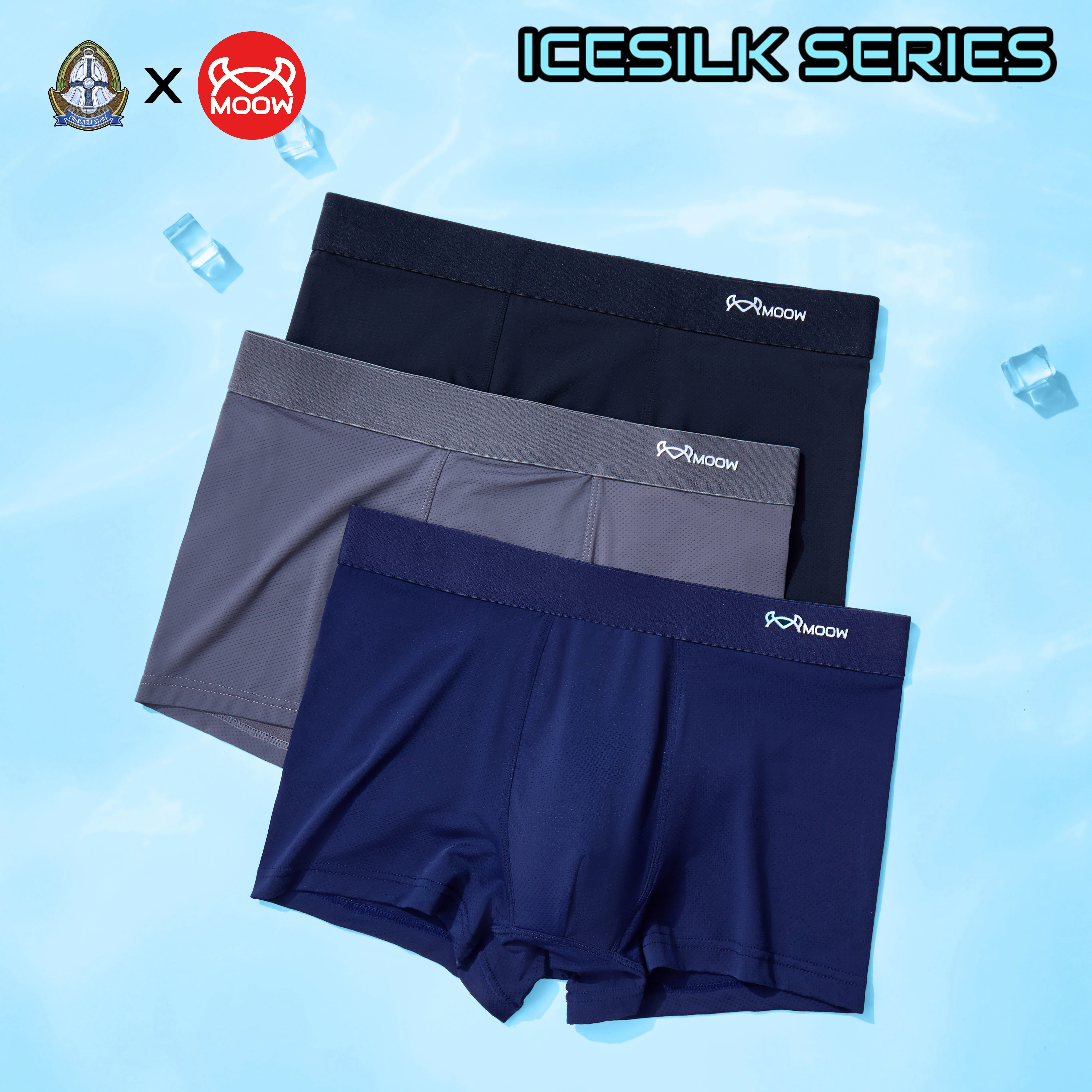 CROSSBELL X MOOW PAKET 3 PCS Celana Dalam Pria Boxer Icesilk Premium Adem dan Lembut Dengan Desain Lubang Kecil Antibakteri 5A MPL55