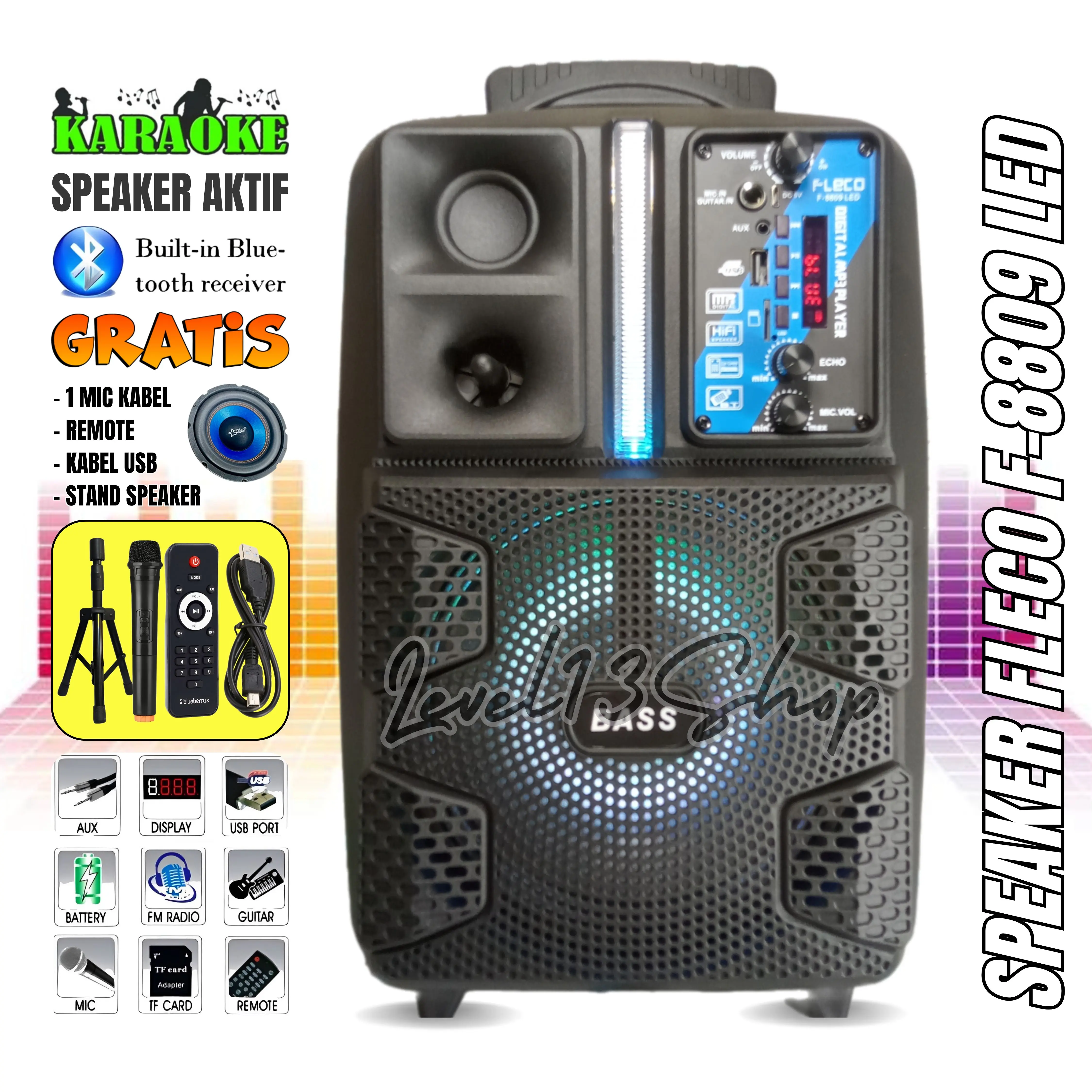 SPEAKER BLUETOOTH FLECO F-8809 LED 8'5 INCH FREE MIC WIRELESS KARAOKE + STAND SPEAKER + REMOTE - SPEAKER KARAOKE FULL BASS | level 13 shop Speakers
