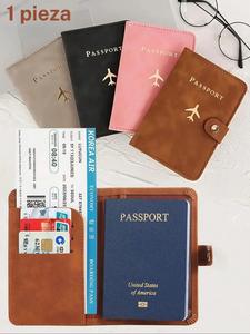 Portapasaporte de PU con ranuras para tarjetas y cierre de presión, forro de cuero sintético, estuche para pasaporte con estampado de avión, accesorio de viaje minimalista, billetera de viaje.