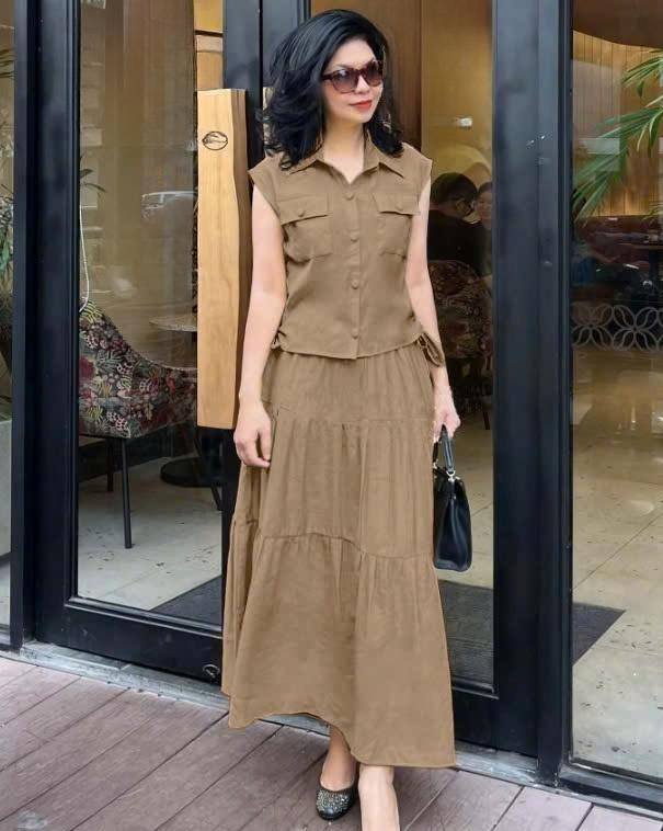 Set Váy Mùa Hè Nữ Áo Sát Nách Cổ Sơ Mi Và Chân Váy Suông Chất Liệu Đũi Mềm Mát Top Women set đồ đẹp ,Mã QP96