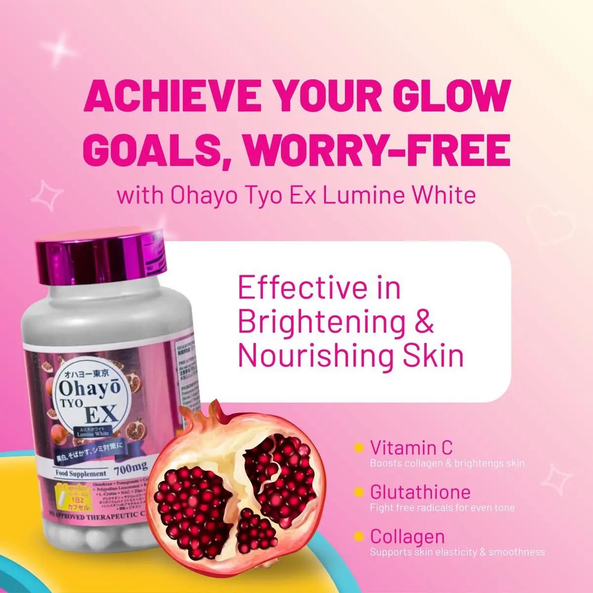 Ohayo TYO EX Lumine White 60 Capsules - Glutathione Collagen Antioxidants  Food Supplement for Skin Health FDA Registered ISO Certified Made in Japan 