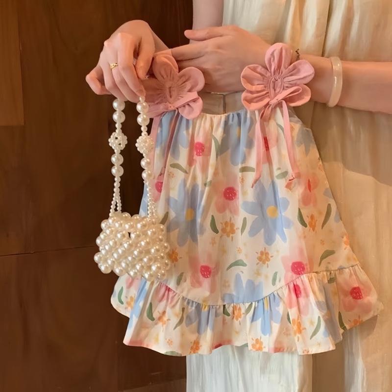 (Shopmesockids ) Váy hè, Váy 2 dây thô mềm hoạ tiết Hoa Lá tặng kèm tag cài Hoa cho bé gái