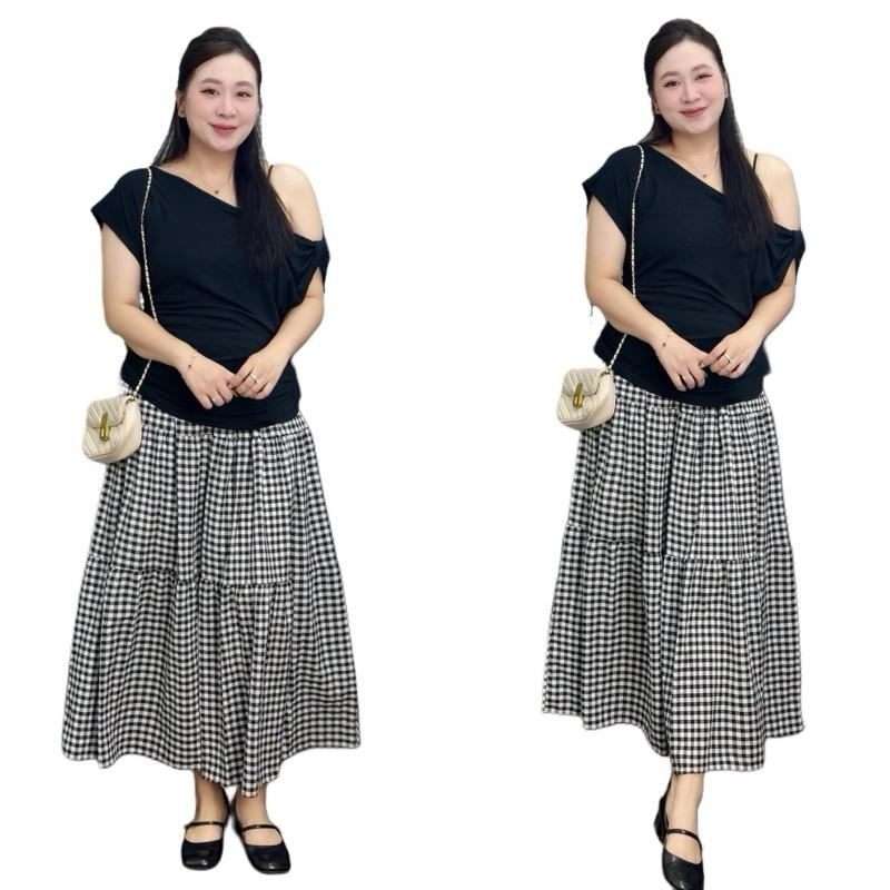 Set bộ áo trễ vai đen chân váy xuông kẻ bigsize nữ (21348) Top