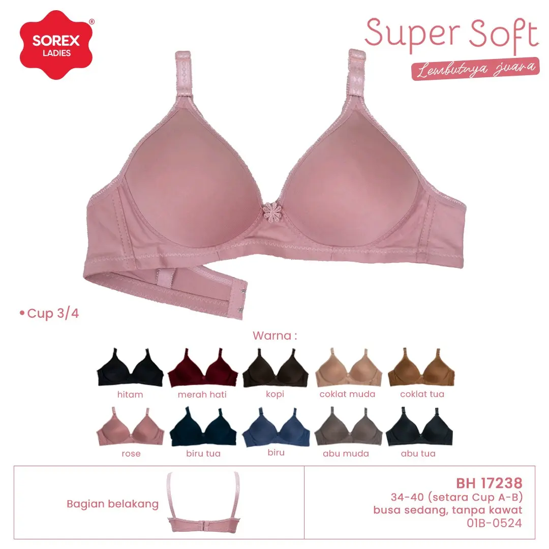 Bra Sorex 17238 Tanpa Kawat Busa Sedang Kait 2 Super Soft Cup A-B (Kecil) Dewasa Nyaman Bh Wanita Remaja