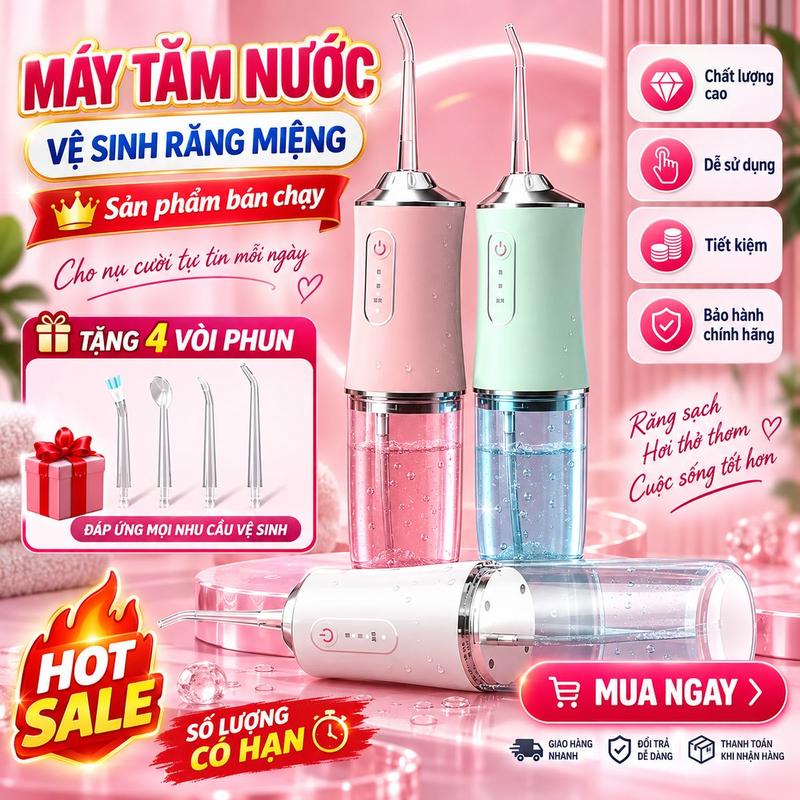 Máy tăm nước Oral Irrigation - Vệ sinh răng miệng hiệu quả với 4 đầu tăm, 3 chế độ, IPX7, bảo hành 12 tháng, phù hợp niềng răng