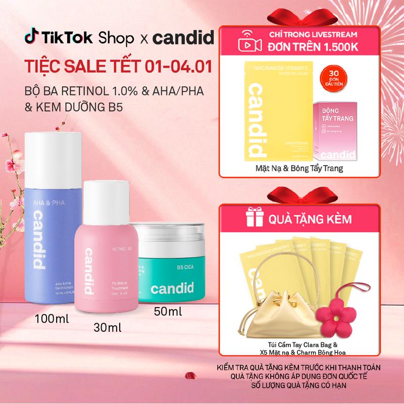  Bộ Ba Hỗ Trợ Cải Thiện Và Phục Hồi Da Candid Retinol 1.0% 30ml & Kem Dưỡng B5 Cica 50ml & AHA PHA 100ml 