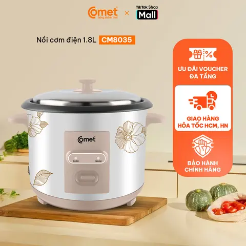 Nồi cơm điện 1.8L nắp rời COMET - Gia đình 4 đến 6 người, lòng nồi chống dính cao cấp, dễ vệ sinh, cơm chín đều thơm ngon, phù hợp cho gia đình - CM8035