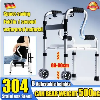 【Local Delivery】Adult Walker-Heavy Duty Foldable stainless Steel Walking Aid Crutches Canes Toilet Armrest and Shower Chair with Wheels