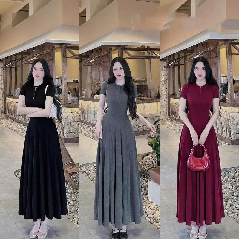 Đầm Body Dáng Dài Xòe Thanh Lịch Thun Gân Tăm Cổ Tròn Phối Nút Cài Tay Ngắn Xinh Xắn Đầm Đi Làm Đi Tiệc Đi Chơi_Váy Tiệc Đầm Xinh Dự Tiệc Cưới Váy Body Nữ Tôn Dáng Váy Xinh Váy Đi Biển