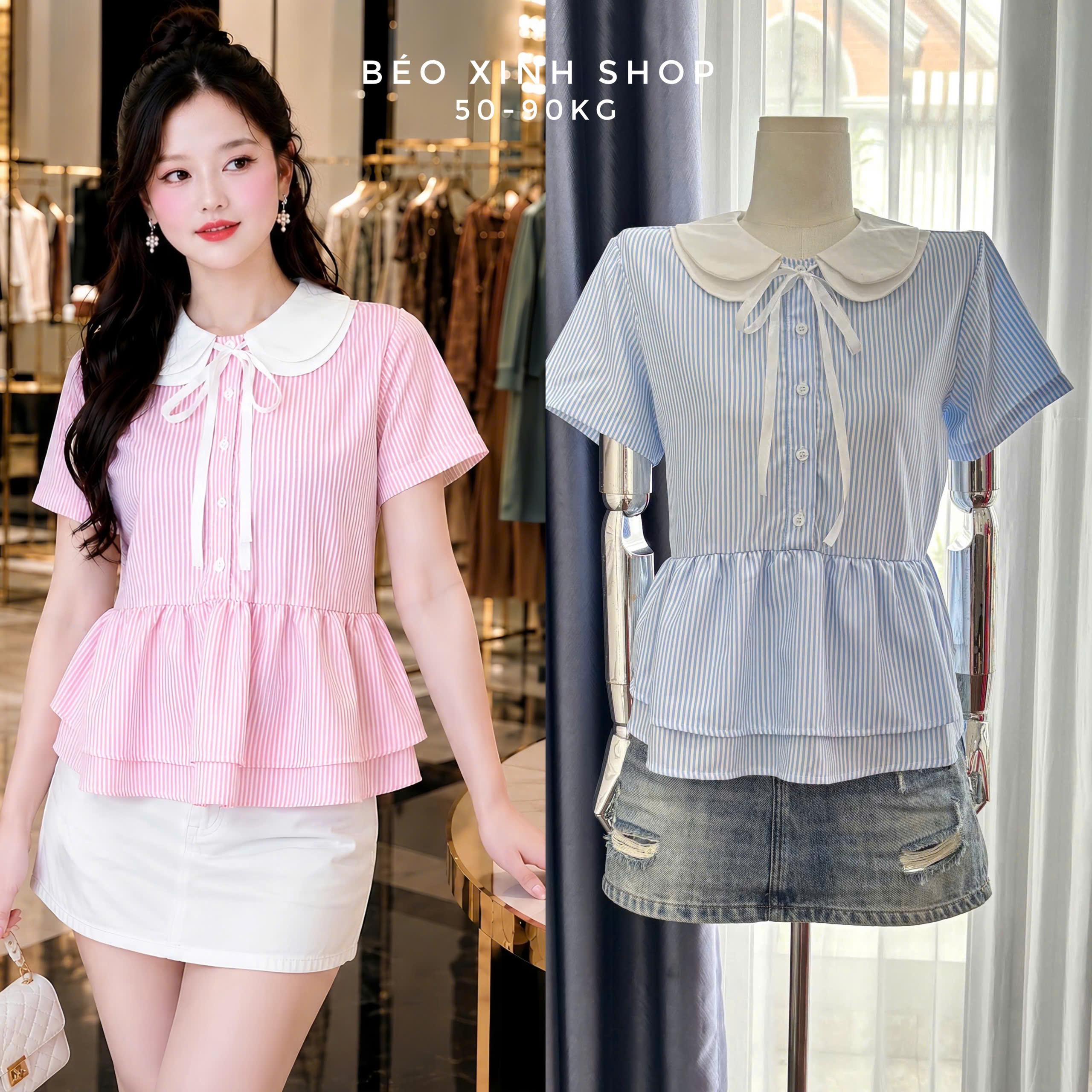Áo Sơ Mi Cổ Sen Nơ Sọc Nhí Bigsize – Áo Bèo Peplum Nữ Tính M–2XL Béo Xinh Shop - B.1887