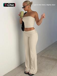 Conjunto de dos piezas para mujer: top corto tipo tubo sólido y pantalón acampanado con cintura plegable; atuendo casual y cómodo para uso diario al aire libre; ropa femenina para el verano.