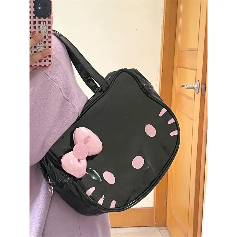 Túi Nữ, Phong Cách Hello Kitty Preppy, Túi Nơ, Màu Đen, Túi Đeo Vai Cầm Tay Mới, Nhẹ, Mèo KT Dễ Thương, Thích Hợp Đi Lại, Dành Cho Nữ Bag Da