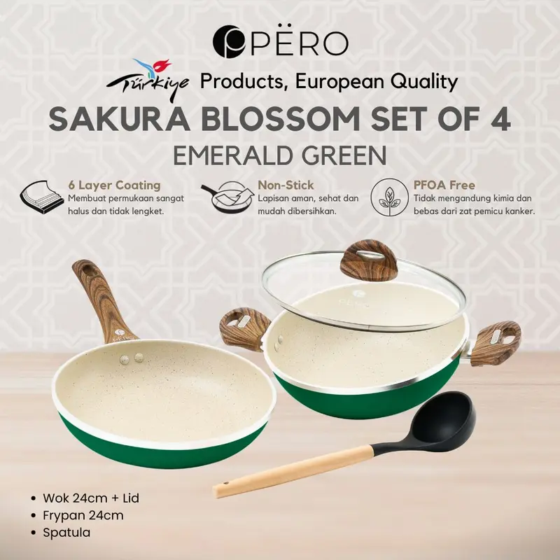 [Exclusive Cely Home] Pero Hampers Ramadhan Sakura Blossom Granite Cookware 24cm Set of 4 / Hampers Lebaran Wajan Set Penggorengan Frypan dengan Tutup Kaca - 2 0