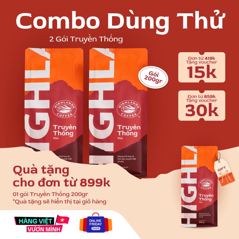 ƯU ĐÃI DÙNG THỬ -Voucher người mua mới: -10K cho đơn từ 99K Combo 2 Cà phê rang xay Truyền Thống Highlands Coffee 200g. Quà tặng hiển thị tại giỏ hàng. Cafe pha phin đen đá sữa đá vị đậm đà nguyên bản chất Việt