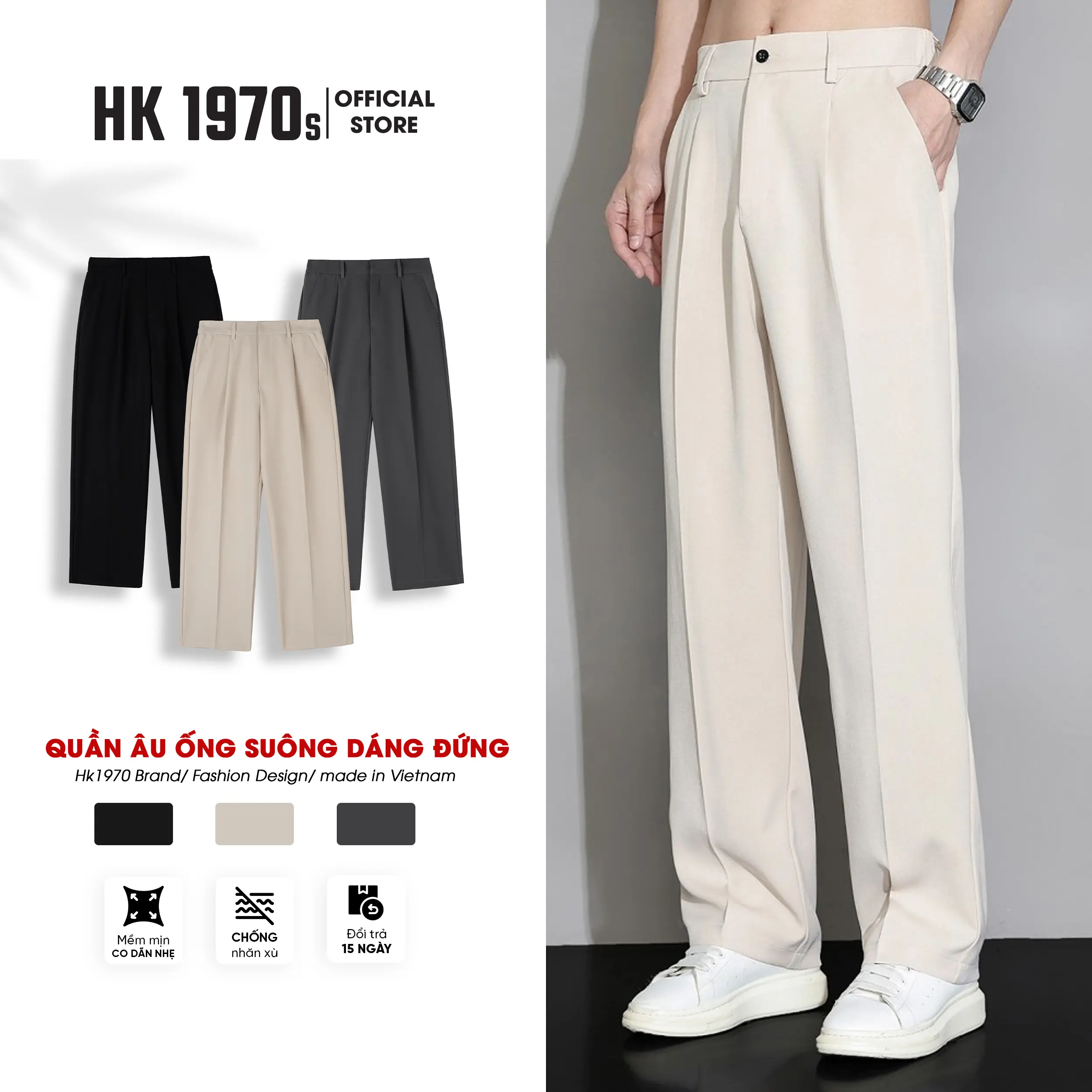 Quần Tây Nam, Quần Âu Nam Vải Cotton Hàn Dáng Quần Ống Suông Rộng Trơn Q087 Menswear Pants Đen Ong dịp Thông thường Có Túi