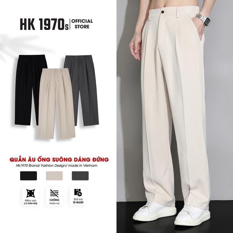 Quần Âu Nam, Quần Tây Nam Vải Cotton Hàn Dáng Quần Ống Suông Rộng Trơn Q087 Menswear Pants Đen Ong dịp Thông thường Có Túi