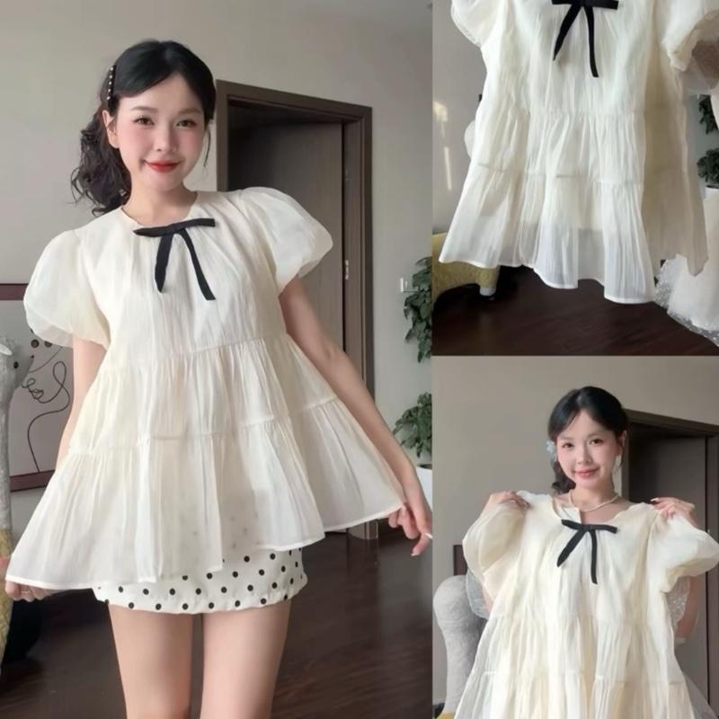 Bèo Béo Bigsize Kèm Nơ Áo Voan Lẻ Nữ Kiểu Babydoll Xoè Tay Bồng Tiểu Thư Công Chúa Form Bigsize 60-90Kg
