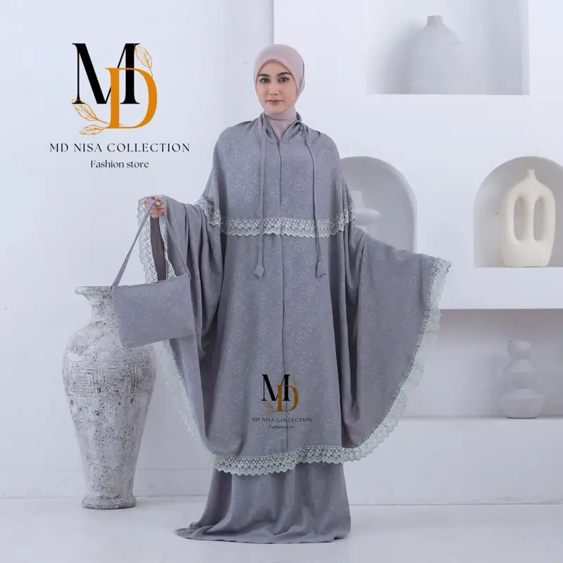 MD Nisa - Mukena Alena Dewasa Embos Motif Cringkle Airflow 2in1 Motif Bunga Mewah Renda Daisy Setelan Atasan Bawahan 2