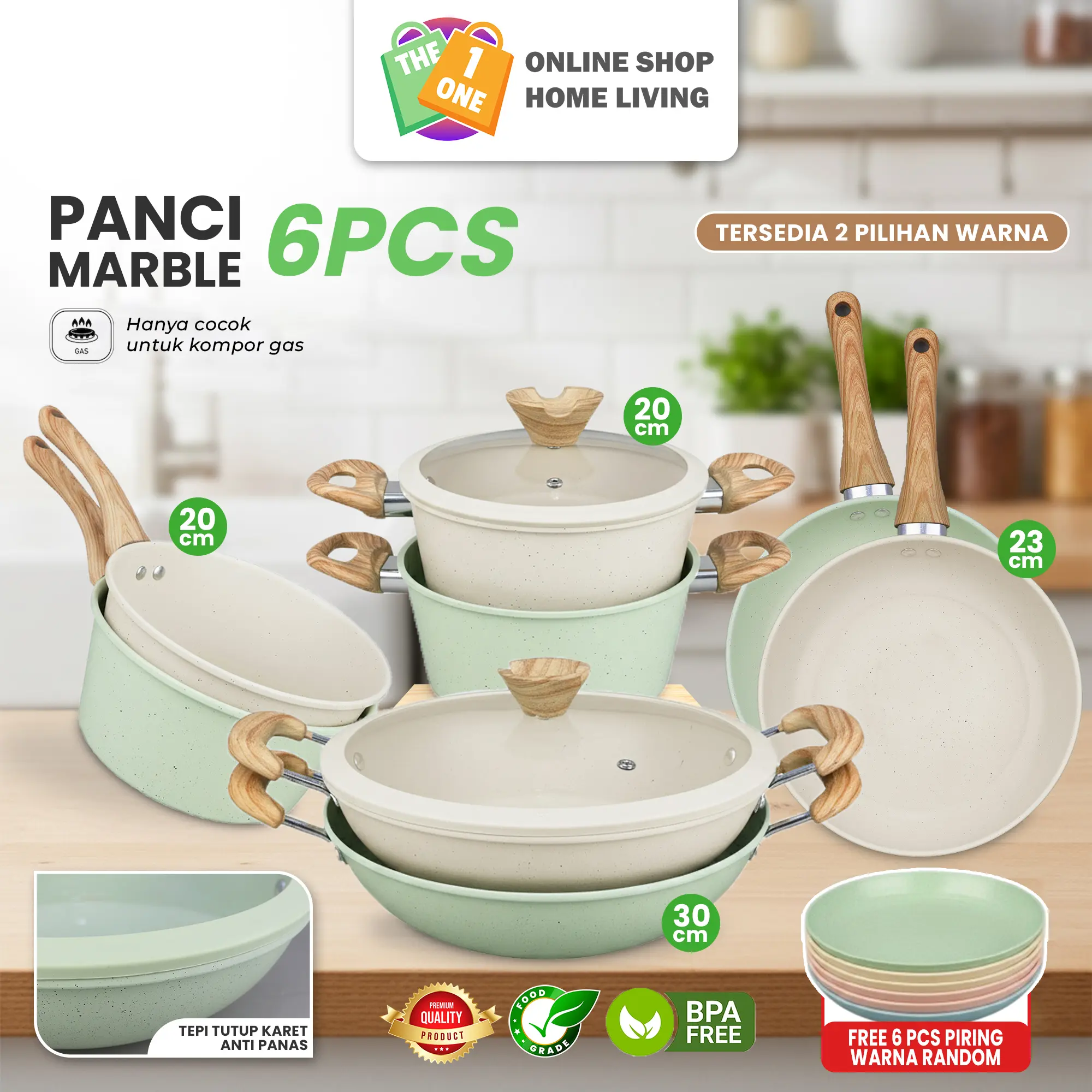 Panci Wajan Penggorengan Marble Anti Lengket Super Wok Pan Tutup Kaca Gagang Kayu Anti Panas Kitchenware