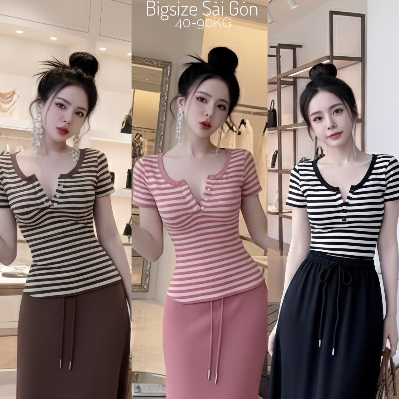 Thời Trang Bigsize Áo Thun Nữ Sọc Phối Cổ V Vải Thun Gân Tăm Sọc Bigsize Từ 45 - 90Kg Dễ Thương Top Nữ Women - B.1629