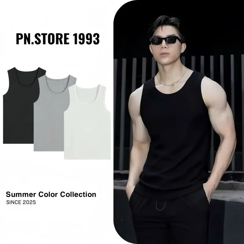 Áo thun gân tank top vải thun gân thoáng mát thấm hút mồ hôi pn.store Cotton Menswear Dệt Nhung