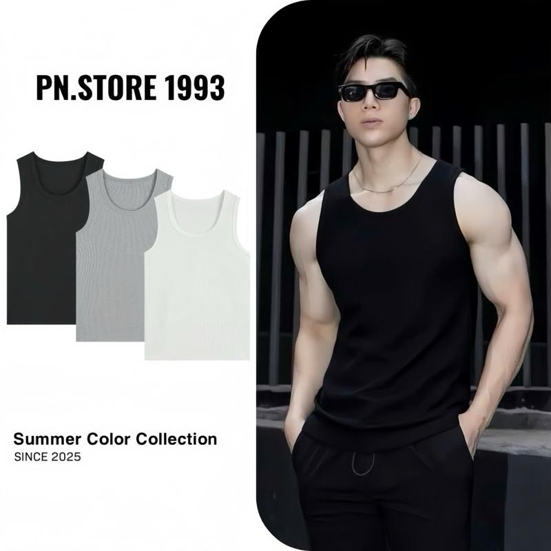 PN.STORE Áo Thun Gân Tank Top Vải Thun Gân Thoáng Mát Thấm Hút Mồ Hôi Cotton Menswear Dệt Nhung Thiết Kế Frill Cổ Tròn Dành Cho Hoạt Động Ngoài Trời