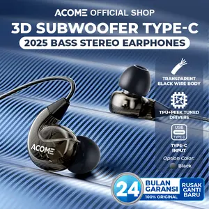 【BISA COD】ACOME ACE01 Pro 3D Subwoofer Headphone Earphone Headset Type-C Powerfull Bass Plug and Play Transparent Wired Body Black Original Garansi 24 Bulan